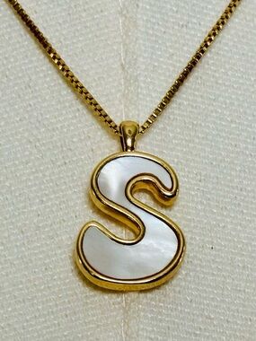 Gold-Plated Mother of Pearl “S” Initial Chunky Pendant Necklace